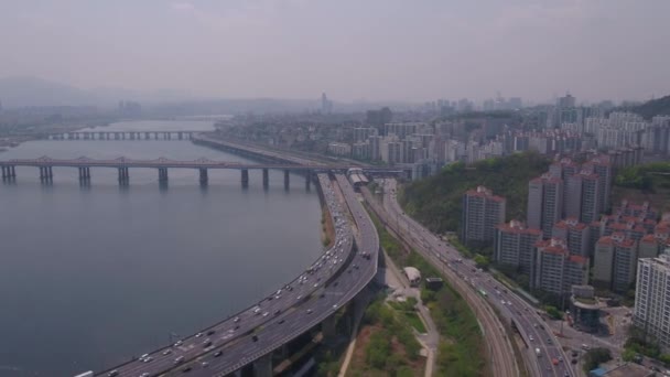 Luftbild Der Uferpromenade Und Des Flusses Han Südkorea — Stockvideo