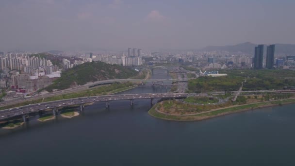 Luchtfoto Video Van Waterkant Han Rivier Seoul Zuid Korea — Stockvideo