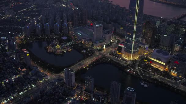 Авиационное Видео Lotte World Tower Lotte World Джамсиле Ночью Сеул — стоковое видео