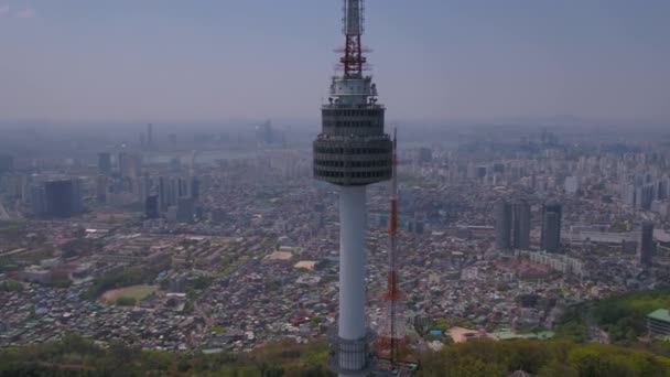 Vídeo Aéreo Torre Seul Área Gwanghwamun Dia Claro Ensolarado — Vídeo de Stock
