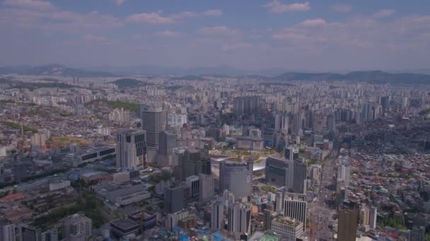 Aerial Video Seoul Tower Och Gwanghwamun Område Soliga Klara Dagar — Stockvideo