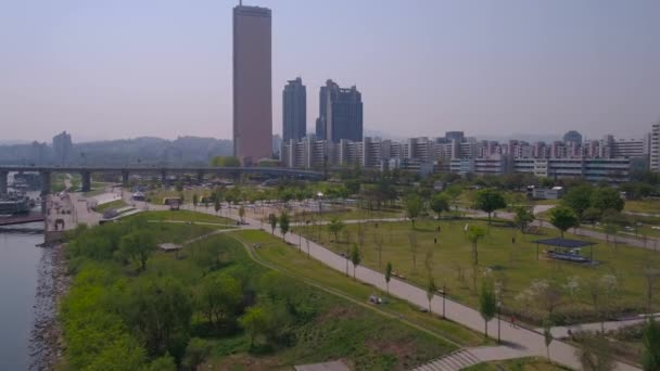 Luftbild Von Gebäuden Und Uferpromenade Bezirk Yeouido Seoul — Stockvideo