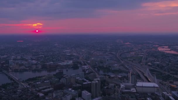 Antenowe Video Centrum Bostonu Wieczorem Piękny Zachód Słońca — Wideo stockowe