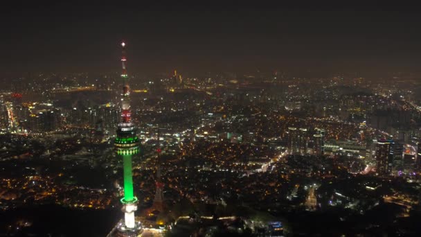 Vídeo Aéreo Torre Seul Área Gwanghwamun Noite — Vídeo de Stock