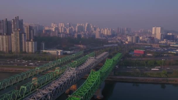 Vídeo Aéreo Edificios Muelles Distrito Yeouido Seúl — Vídeos de Stock