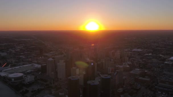 Lotnicze Wideo Śródmieścia Detroit Zachodzie Słońca — Wideo stockowe