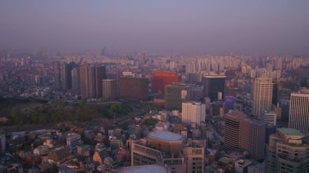 Vídeo Aéreo Torre Seul Área Gwanghwamun Nascer Sol — Vídeo de Stock