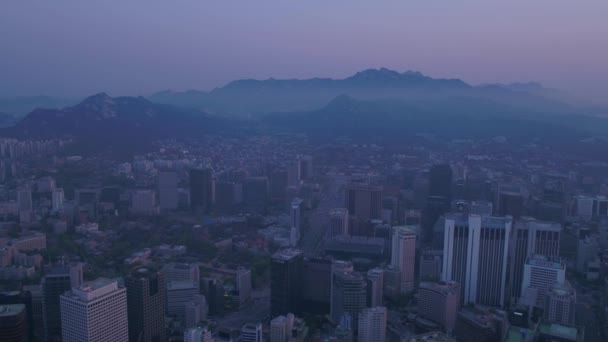 Luchtfoto Video Van Seoul Tower Gwanghwamun Gebied Bij Zonsopgang — Stockvideo