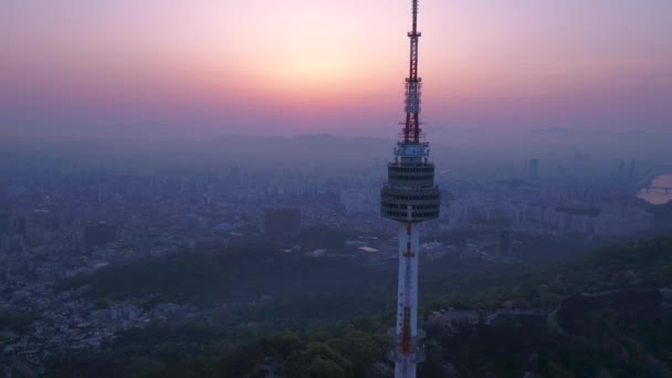 Letecké Video Oblasti Seoul Tower Gwanghwamun Při Východu Slunce — Stock video