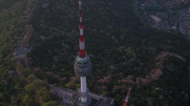 Vídeo Aéreo Torre Seul Área Gwanghwamun Nascer Sol — Vídeo de Stock