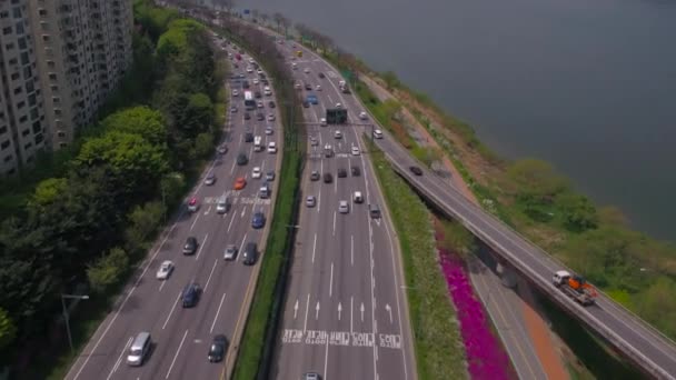 Luftbild Der Uferpromenade Und Des Flusses Han Südkorea — Stockvideo