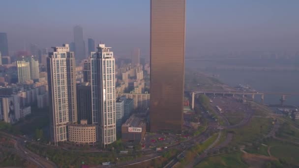 Luftbild Von Gebäuden Und Uferpromenade Bezirk Yeouido Seoul — Stockvideo