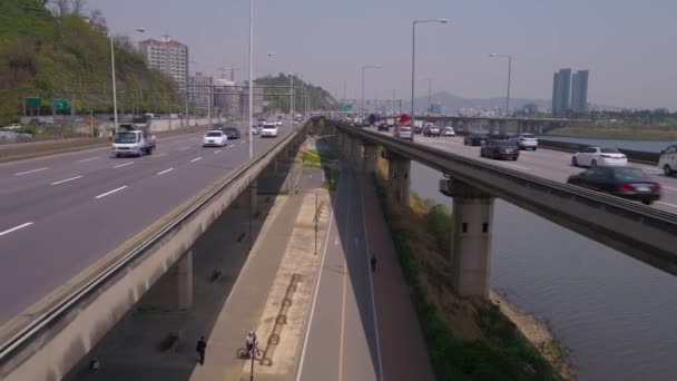 Luchtfoto Video Van Waterkant Han Rivier Seoul Zuid Korea — Stockvideo