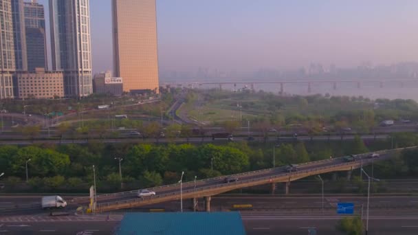 Luftbild Von Gebäuden Und Uferpromenade Bezirk Yeouido Seoul — Stockvideo