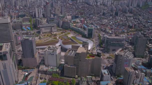 Luftbild Von Seoul Tower Und Gwanghwamun Area Einem Sonnigen Klaren — Stockvideo