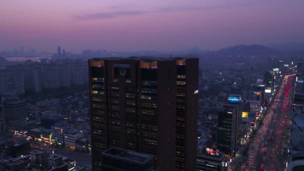 Aerial Video Stadsdelen Gangnam Seoul Natten — Stockvideo