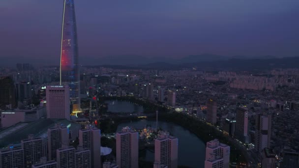 Vídeo Aéreo Lotte World Tower Lotte World Jamsil Noite Seul — Vídeo de Stock