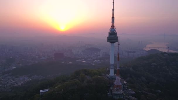 Luchtfoto Video Van Seoul Tower Gwanghwamun Gebied Bij Zonsopgang — Stockvideo