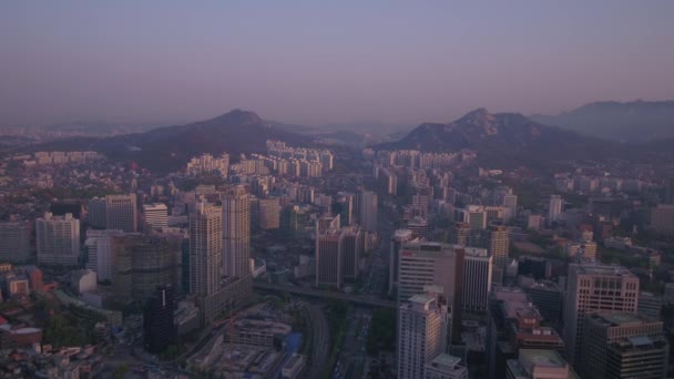 Lotnicze Wideo Seul Wieża Gwanghwamun Obszaru Wschodzie Słońca — Wideo stockowe