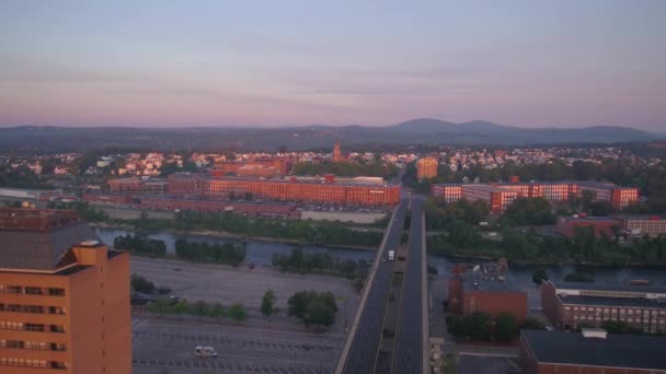 Aerial Video Downtown Manchester Vid Soluppgången — Stockvideo