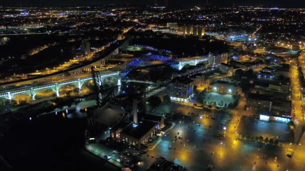 Aerial Video Downtown Cleveland Ohio Night — Stock Video