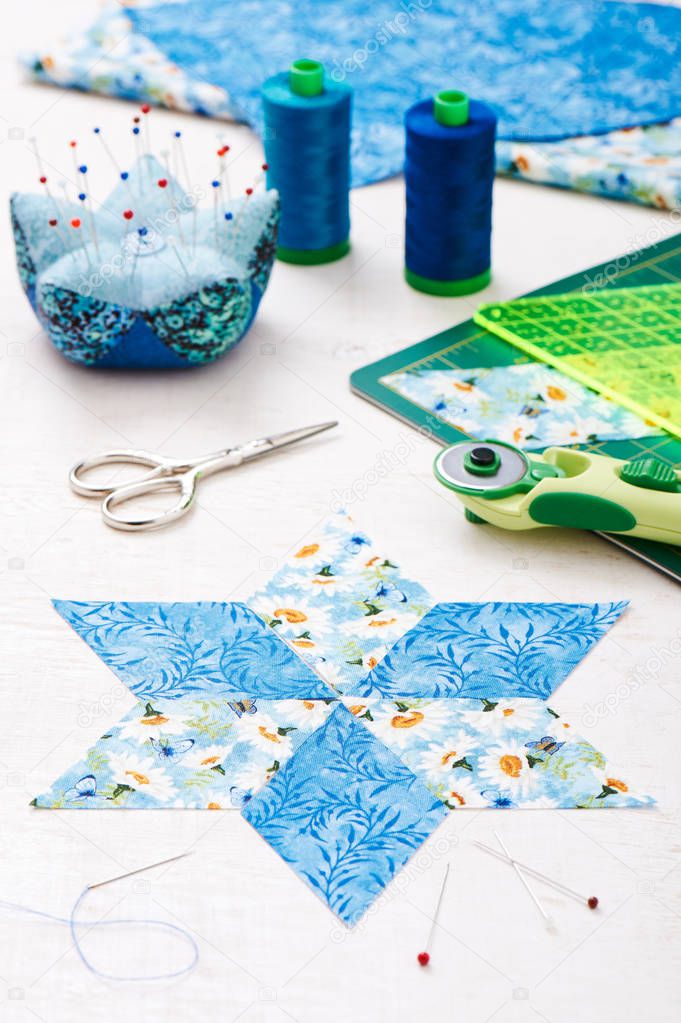 Prepare of diamond pieces of fabric for sewing quilt