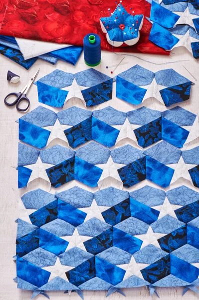 Sewing of quilt with stylized elements of American flag — Stock Photo, Image