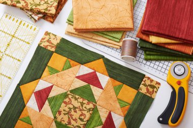 Patchwork turuncu yeşil blok, kumaşlar, accessori dikiş kapitone