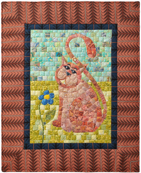 Mini quilt with the image of a cat, made in mosaic technique