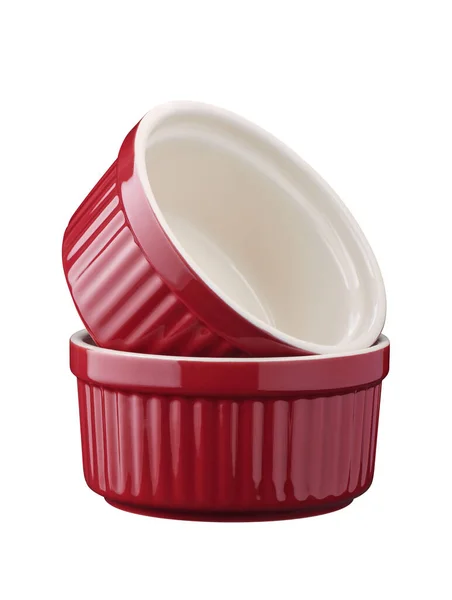Dos Redondos Rojos Porcelana Vacía Sobre Fondo Blanco — Foto de Stock