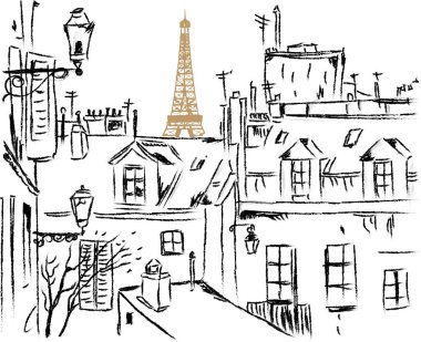 Paris illüstrasyonu Eyfel Kulesi evleri sokağı
