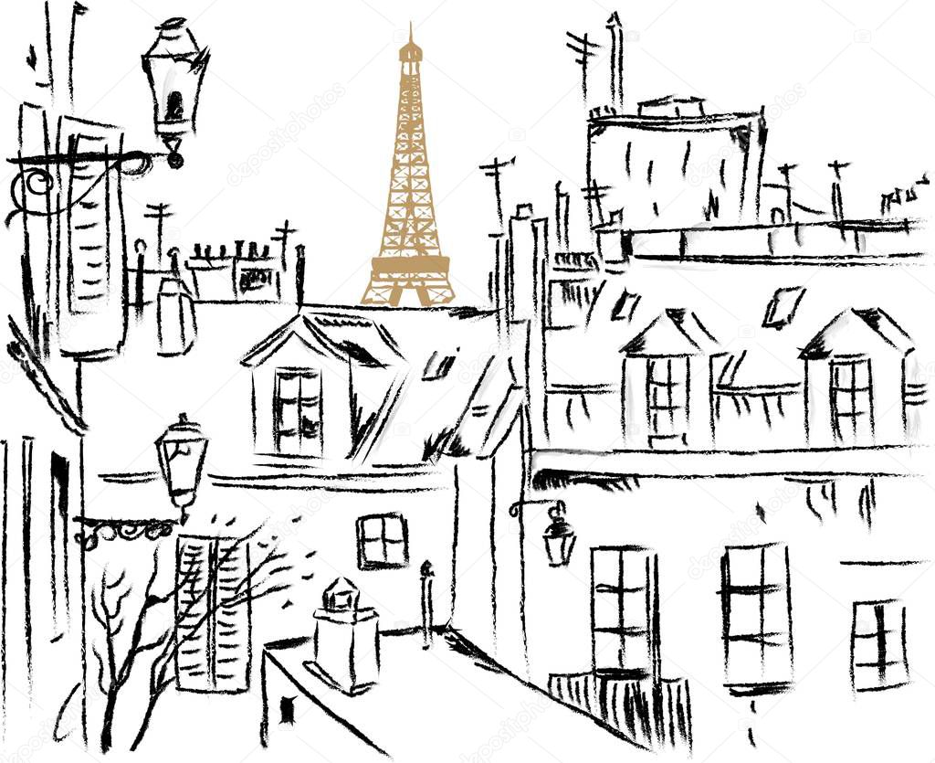 Paris illustration Eiffel Tower houses street
