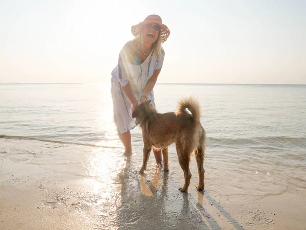 Engraçado mulher sênior jogando wih cão na praia à luz do sol — Fotografia de Stock
