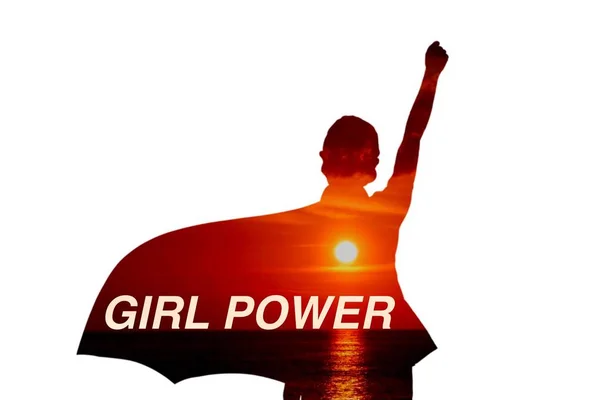 Lány hatalom háttér koncepció, a lány és napfelkelte dupla expozíció fehér háttér — Stock Fotó