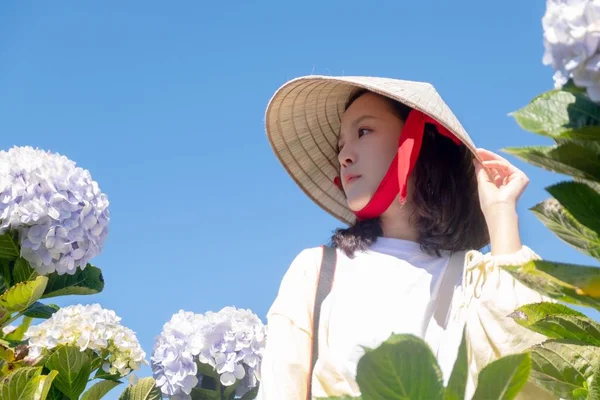 Asiatiska resenärer kvinnor i hortensia trädgård — Stockfoto