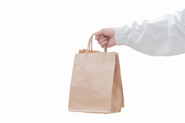 Food Delivery Staff Wearing White Shirts Holding Paper Bags Sending — Stock Photo, Image