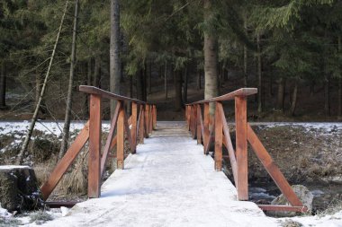 Parkta karlı ahşap köprü