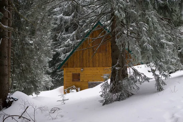 后面雪地里的木制房子 — 图库照片