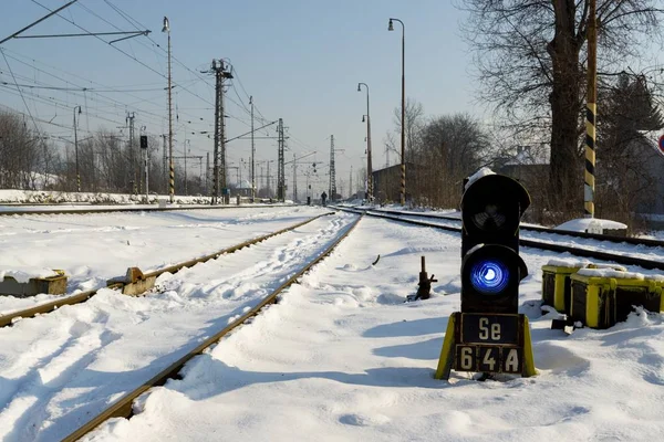 Paisagem Inverno Com Ferrovia Fundo — Fotografia de Stock