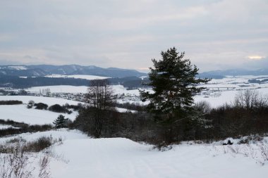 Kış boyunca karlı çayırda gün batımı. Slovakya