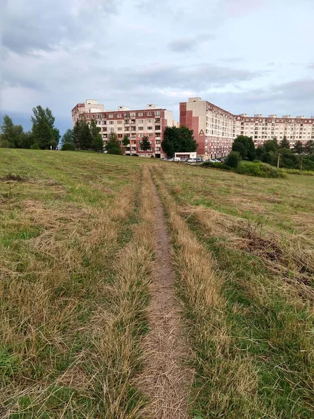 Vue Grand Angle Sentier Sur Terrain Avec Bâtiment Éloigné — Photo