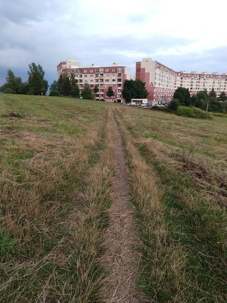 Vue Grand Angle Sentier Sur Terrain Avec Bâtiment Éloigné — Photo