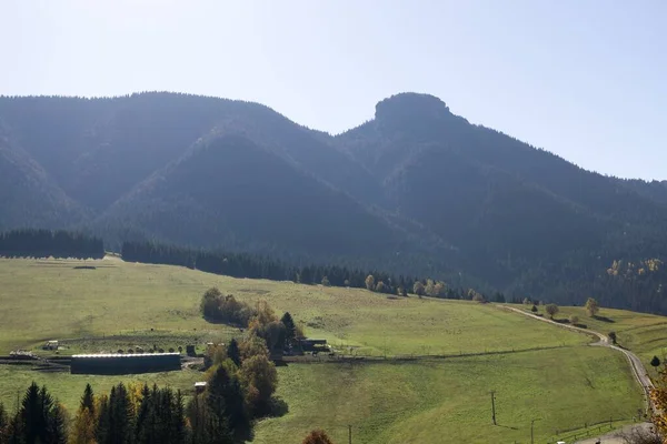 Nebeliger Morgen Den Bergen Tagesschuss — Stockfoto