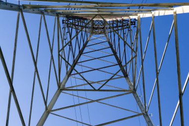 Gökyüzü arkaplanındaki elektrik hatları kulesi