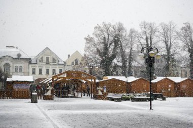 Şehirde karla kaplı ağaçlarla kaplı kış manzarası