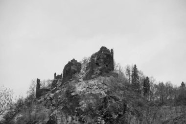 Eski kale manzarası kışın harabeye döner. Slovakya