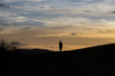 Güzel günbatımında çayırdaki kişi