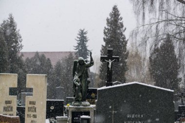Zilina, Slovakya - 13 Şubat 2018: Kışın karla kaplı bir mezarlık. Slovakya