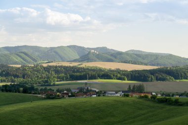 Ağaçlar ve manzaralı çayırda puslu bir sabah. Slovakya