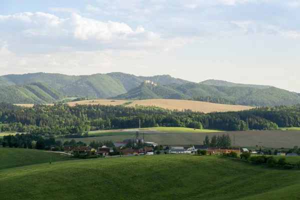 Ködös Reggel Réten Fákkal Kilátással Szlovákia — Stock Fotó